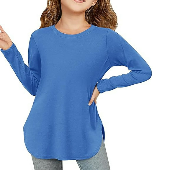 MIXUE Toddler Girls Tops & T-Shirts Kids Solid Color Crew Neck Long Sleeve Slim Tunic Soft Sweatshirts Tops Outwear,Blue,5-6 Years