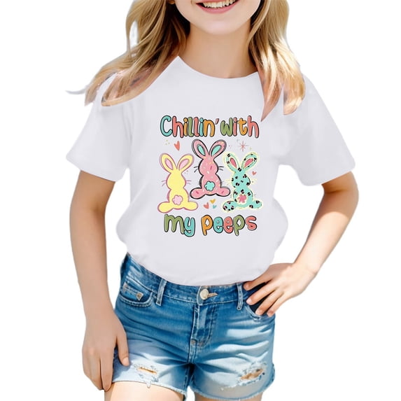 MIXUE Toddler Girls Tops & T-Shirts Kids Summer Cute Easter Bunny Print Round Neck Short Sleeve Pullover T Shirts Activewear,White,2-3 Years