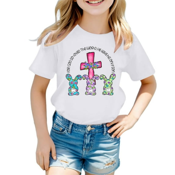 MIXUE Toddler Girls Tops & T-Shirts Kids Summer Cute Easter Bunny Print Round Neck Short Sleeve Pullover Tshirts Outwear,White,4-5 Years