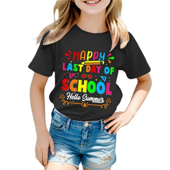 MIXUE Toddler Girls Tops & T-Shirts Summer Back To School Letter Print Round Neck Short Sleeve Loose Casual T-shirts Sportwear,Black,3-4 Years