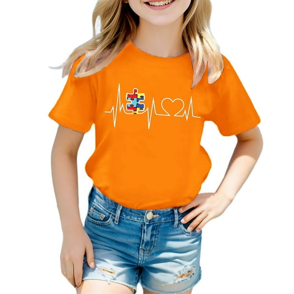 MIXUE Toddler Girls Tops & T-Shirts Summer Cartoon Print Round Neck Short Sleeve Loose Casual Pullover Tshirts Outwear,Orange,4-5 Years