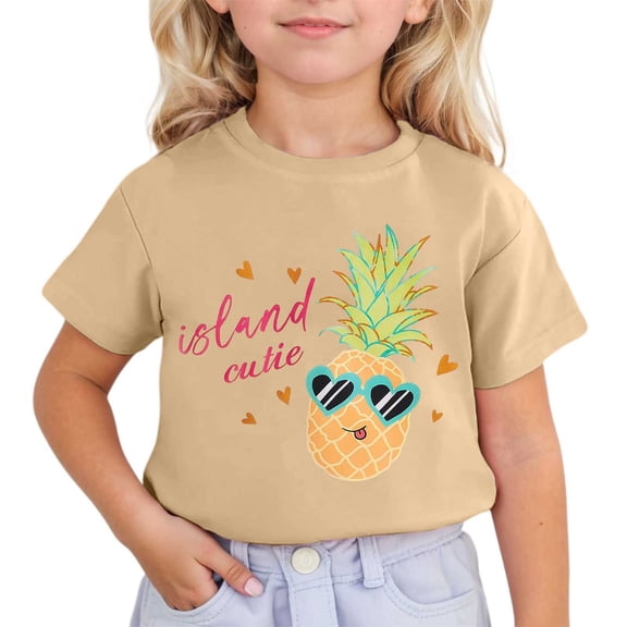 MIXUE Toddler Girls Tops & T-Shirts Summer Cute Pineapple Print Round Neck Short Sleeve Fashion Casual Tshirts Outwear,Beige,3-4 Years