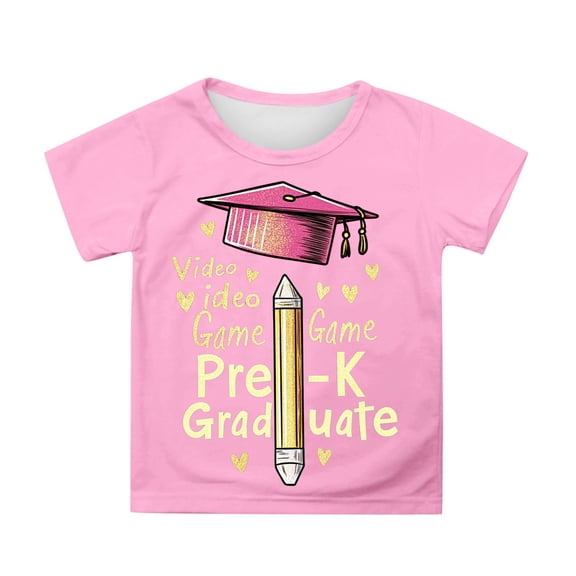 MIXUE Toddler Girls Tops & T-Shirts Summer Cute Preschool Graduation Print Round Neck Short Sleeve Loose Fit Casual T Shirts Activewear,Pink,4-5 Years