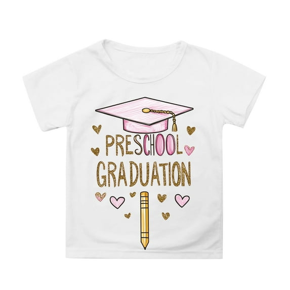MIXUE Toddler Girls Tops & T-Shirts Summer Cute Preschool Graduation Print Round Neck Short Sleeve Loose Fit Casual T Shirts Activewear,White,4-5 Years