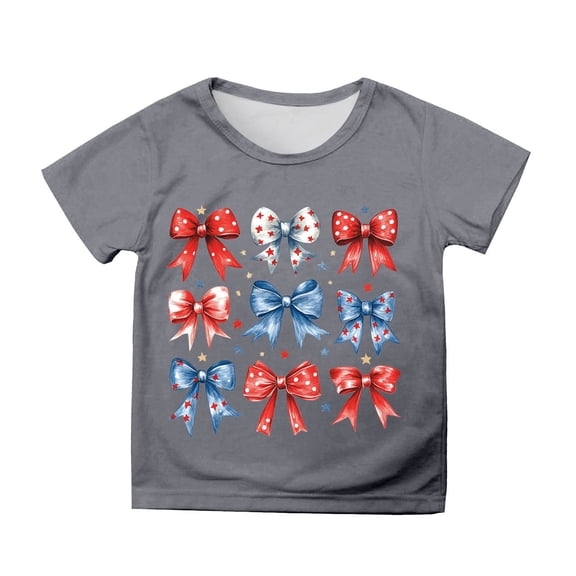 MIXUE Toddler Girls Tops & T-Shirts Summer Fourth Of July Independence Day Bowknot Print Round Neck Short Sleeve Casual Party T Shirts Activewear,Gray,4-5 Years