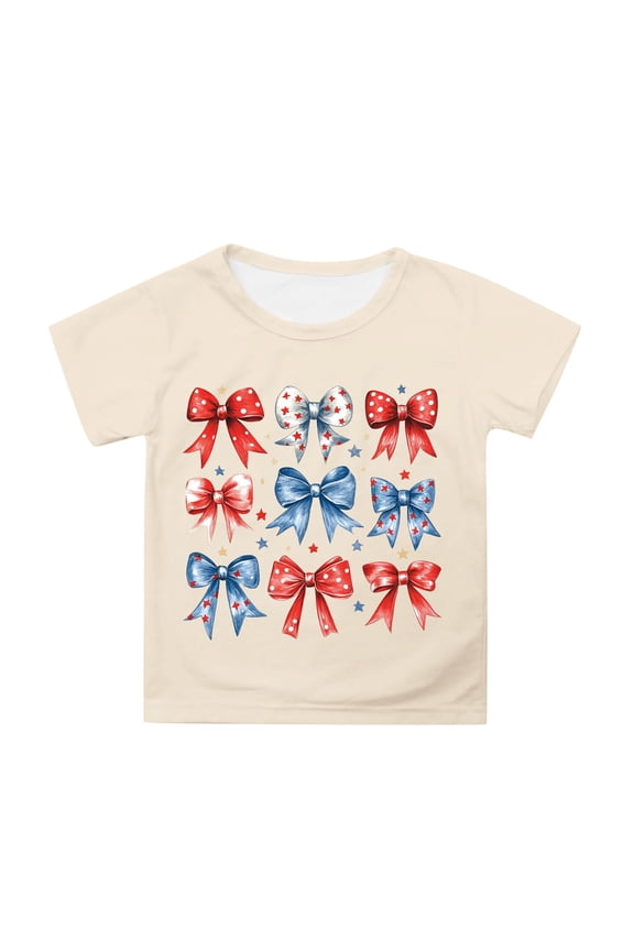 Toddler Girls Tops & T-Shirts Summer Fourth Of July Independence Day Bowknot Print Round Neck Short Sleeve Casual Party T Shirts Activewear,Yellow,4-5 Years