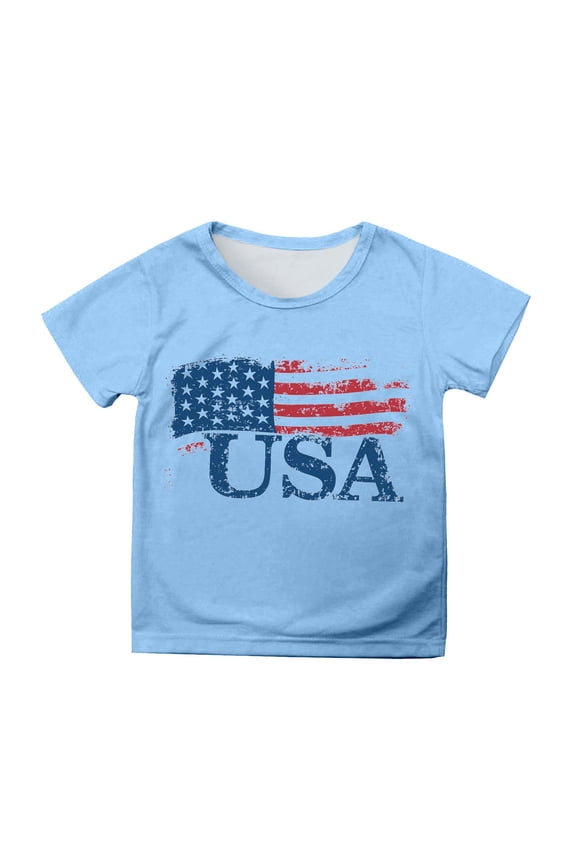 Toddler Girls Tops & T-Shirts Summer Fourth Of July Independence Day Flag Print Round Neck Short Sleeve Casual Party Tshirts Holiday Wear,Blue,3-4 Years