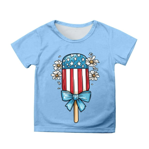 MIXUE Toddler Girls Tops & T-Shirts Summer Fourth Of July Independence Day Ice Cream Print Round Neck Short Sleeve Casual Party T Shirts Activewear,Blue,4-5 Years