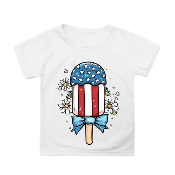 MIXUE Toddler Girls Tops & T-Shirts Summer Fourth Of July Independence Day Ice Cream Print Round Neck Short Sleeve Casual Party T Shirts Activewear,White,4-5 Years