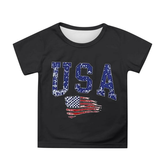 MIXUE Toddler Girls Tops & T-Shirts Summer Fourth Of July Independence Day Letter Flag Print Round Neck Short Sleeve Casual Party Tshirts Holiday Wear,Black,3-4 Years