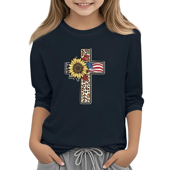 MIXUE Toddler Girls Tops & T-Shirts Summer Independence Day Cross Print Crew Neck 3/4 Sleeve Casual T Shirts Daily-Wear,Blue,3-4 Years