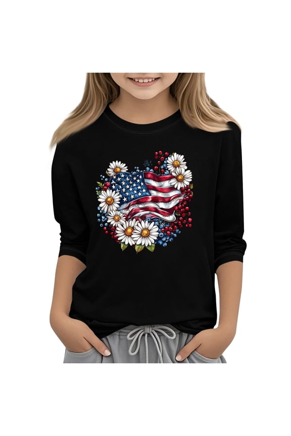 Toddler Girls Tops & T-Shirts Summer Independence Day Floral Print Crew Neck 3/4 Sleeve Casual T Shirts Daily-Wear,Black,3-4 Years