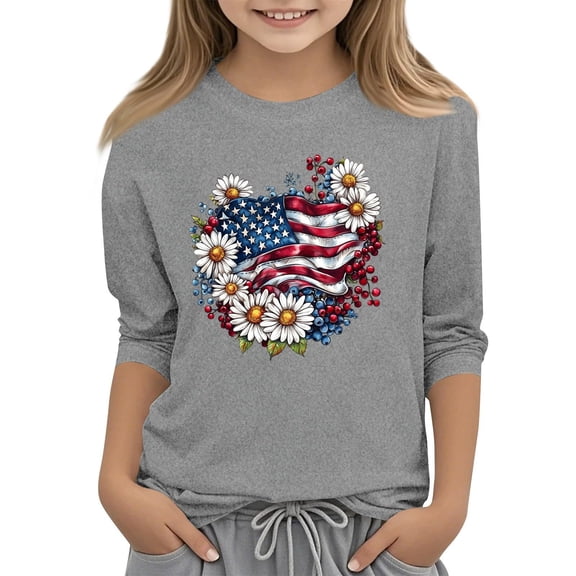MIXUE Toddler Girls Tops & T-Shirts Summer Independence Day Floral Print Crew Neck 3/4 Sleeve Casual T Shirts Daily-Wear,Gray,3-4 Years