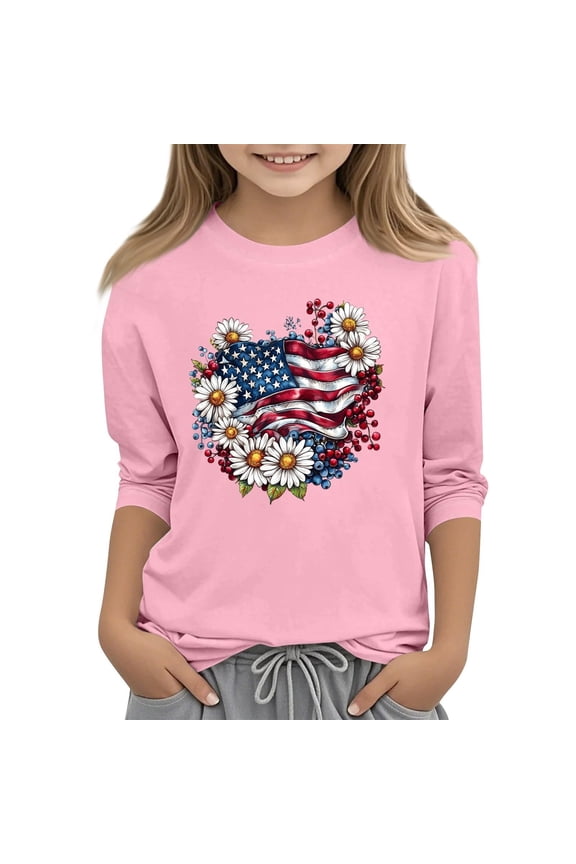 Toddler Girls Tops & T-Shirts Summer Independence Day Floral Print Crew Neck 3/4 Sleeve Casual Tee Shirts Streetwear,Pink,4-5 Years