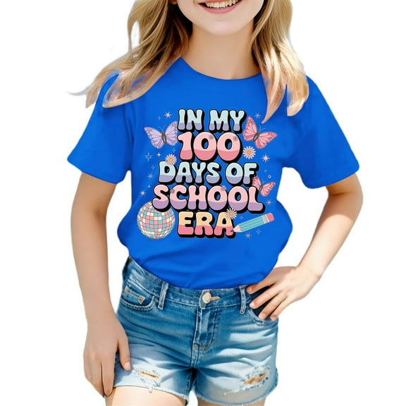 MIXUE Toddler Girls Tops & T-Shirts Summer Last Day Of School Letter Print Round Neck Short Sleeve Casual Fashion Pullover T-Shirts Daily-Wear,Blue,3-4 Years