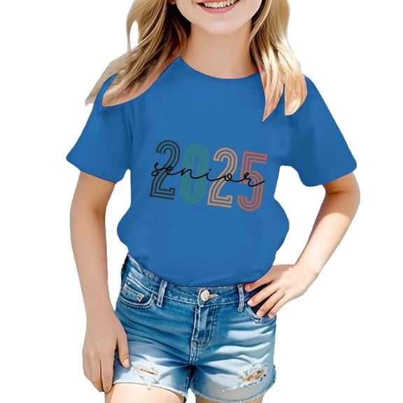 MIXUE Toddler Girls Tops & T-Shirts Summer Letter Print Round Neck Short Sleeve Fashion Casual Back To School Tshirts Holiday Wear,Blue,3-4 Years