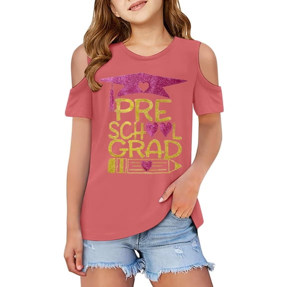 MIXUE Toddler Girls Tops & T-Shirts Summer Preschool Graduation Cartoon Dinosaur Print Round Neck Off Shoulder Short Sleeve Loose Casual Tee Shirts Streetwear,Pink,3-4 Years