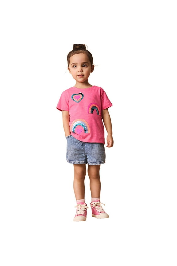 Toddler Girls Tops & T-Shirts Summer Sequins Rainbow Print Round Neck Short Sleeve Loose Casual Pullover Tshirts Outwear,Pink,3-4 Years