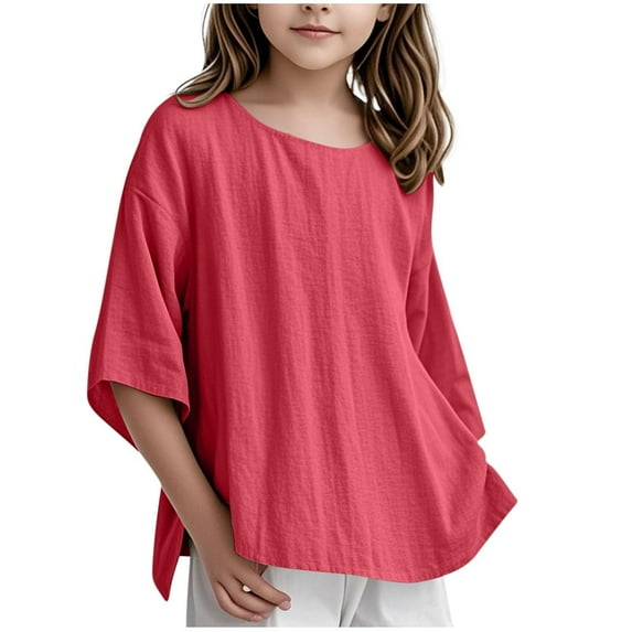 MIXUE Toddler Girls Tops & T-Shirts Summer Solid Color Round Neck 3/4 Sleeve Elegant Loose Pullover T Shirts Sportwear,Red,3-4 Years