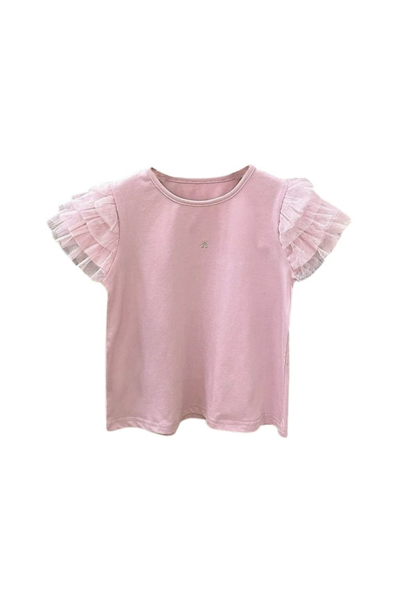 Toddler Girls Tops & T-Shirts Summer Solid Color Round Neck Ruffled Short Flutter Sleeve Tee Shirts Sportwear,Pink,3-4 Years