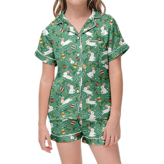 MIXUE Tween Girls Outfit Sets Kids Easter Cartoon Bunny Floral Printed Short Sleeve Button Down Pajamas Shorts Sleepwear Sportwear,Green,10-11 Years