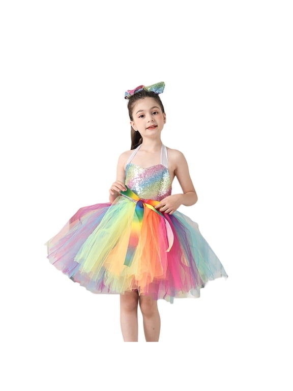 Tween Girls Outfit Sets Rainbow Sequin Handmade Mesh Skirt Colorful Hair Clip Casual Loose Role Playing Cute Two Piece Outwear,Multicolor,10-12 Years