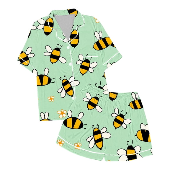 MIXUE Tween Girls Outfit Sets Silk Summer Bee Festival Print Lapel Short Sleeve Shirt And Shorts Two Piece Pajamas Outwear,Green,12-13 Years
