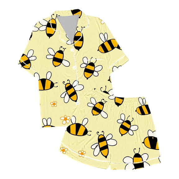 MIXUE Tween Girls Outfit Sets Silk Summer Bee Festival Print Lapel Short Sleeve Shirt And Shorts Two Piece Pajamas Outwear,Yellow,12-13 Years