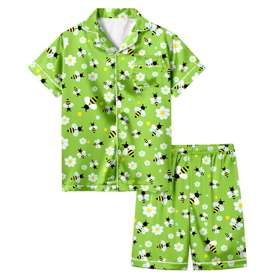 MIXUE Tween Girls Outfit Sets Summer Bee Festival Print Button Down Lapel Short Sleeve Tops Shorts Two Piece Pajamas Sportwear,Green,12-13 Years