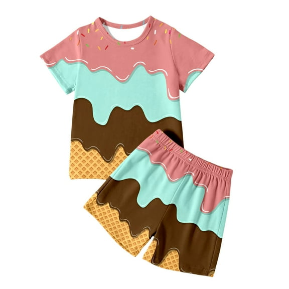 MIXUE Tween Girls Outfit Sets Summer Ice Cream Print Crew Neck Short Sleeve T Shirt Tops Shorts Casual Pajamas Streetwear,Multicolor,11-12 Years