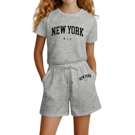 MIXUE Tween Girls Outfit Sets Summer Letter Print Crew Neck Short Sleeve Tshirt Shorts Loose Casual Fashion Two Piece Streetwear,Gray,11-12 Years