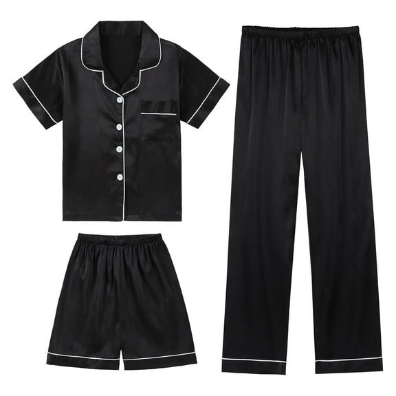 MIXUE Tween Girls Outfit Sets Summer Silk Satin Solid Color V Neck Button Down Short Sleeve Shirts Tops Shorts Pants 3 Pieces Sleepwear Streetwear,Black,10-11 Years