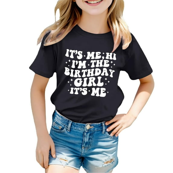 MIXUE Tween Girls Tops & T-Shirts Birthday Kids Summer Letter Print Round Neck Short Sleeve Casual Pullover T Shirts Activewear,Black,10-12 Years