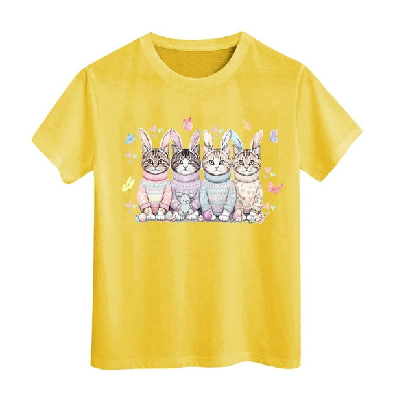 MIXUE Tween Girls Tops & T-Shirts Easter Eggs Bunny Kids Round Neck Short Sleeve Summer Casual Pullover T Shirts Daily-Wear,Yellow,10-11 Years