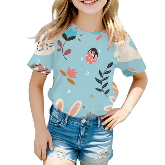MIXUE Tween Girls Tops & T-Shirts Fashion Casual Easter Bunny Print Round Neck Loose Short Sleeve Pullover T Shirts Activewear,Blue,10-11 Years