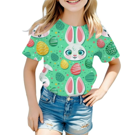 MIXUE Tween Girls Tops & T-Shirts Fashion Casual Easter Bunny Print Round Neck Loose Short Sleeve Pullover T Shirts Activewear,Green,10-11 Years