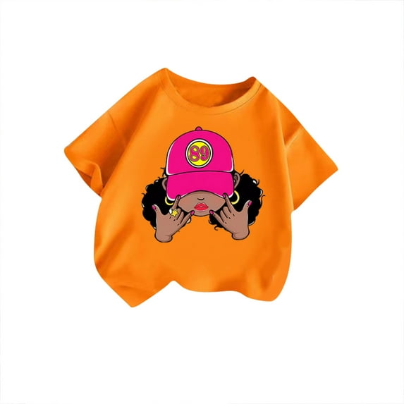 MIXUE Tween Girls Tops & T-Shirts Kid Cute Graphic Round Neck Short Sleeve Summer Casual Pullover Tshirts Holiday Wear,Orange,11-12 Years