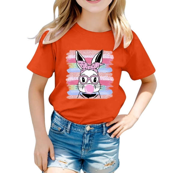 MIXUE Tween Girls Tops & T-Shirts Kids Easter Bunny Graphic Loose Fit Casual Short Sleeve Pullover Tshirts Holiday Wear,Orange,10-11 Years