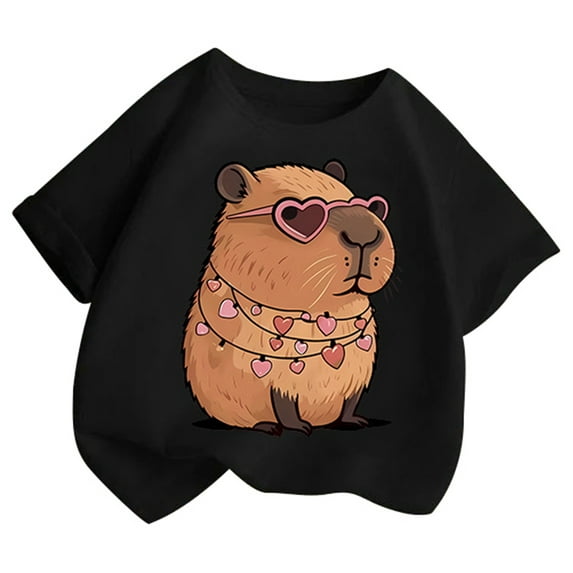 MIXUE Tween Girls Tops & T-Shirts Summer Cartoon Print Round Neck Short Sleeve Casual Comfortable Tshirts Holiday Wear,Black,10-12 Years