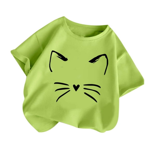 MIXUE Tween Girls Tops & T-Shirts Summer Cute Cat Print Round Neck Short Sleeve Fashion Casual Tee Shirts Sportwear,Green,11-12 Years