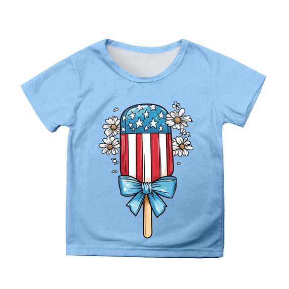 MIXUE Tween Girls Tops & T-Shirts Summer Fourth Of July Independence Day Ice Cream Print Round Neck Short Sleeve Casual Party T Shirts Daily-Wear,Blue,10-11 Years