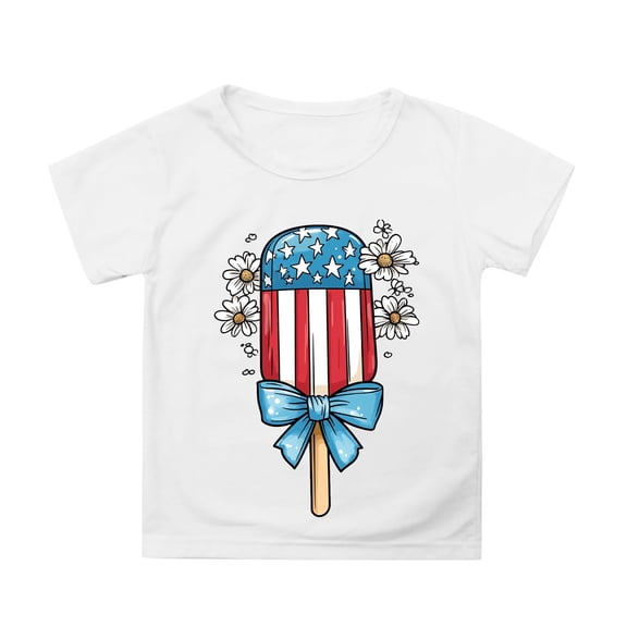 MIXUE Tween Girls Tops & T-Shirts Summer Fourth Of July Independence Day Ice Cream Print Round Neck Short Sleeve Casual Party T Shirts Daily-Wear,White,10-11 Years
