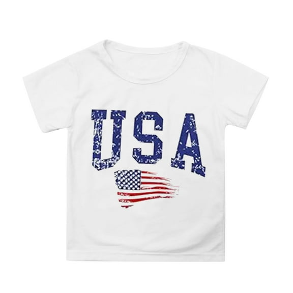 MIXUE Tween Girls Tops & T-Shirts Summer Fourth Of July Independence Day Letter Flag Print Round Neck Short Sleeve Casual Party T Shirts Daily-Wear,White,10-11 Years