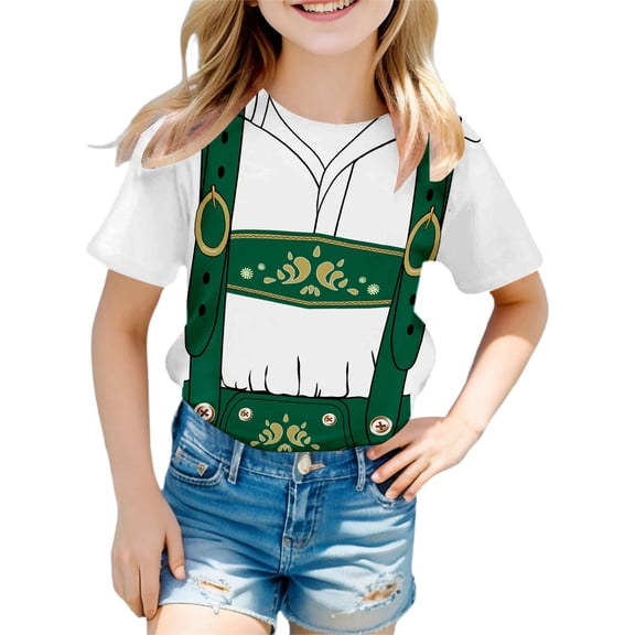 MIXUE Tween Girls Tops & T-Shirts Summer Oktoberfest Print Round Neck Short Sleeve Fashion Casual Comfortable T Shirts Daily-Wear,Green,10-11 Years