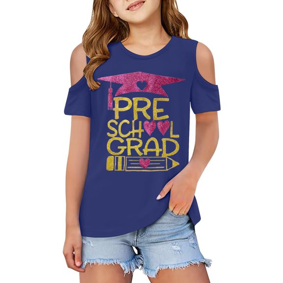 MIXUE Tween Girls Tops & T-Shirts Summer Preschool Graduation Cartoon Dinosaur Print Round Neck Off Shoulder Short Sleeve Loose Casual T Shirts Daily-Wear,Blue,11-12 Years