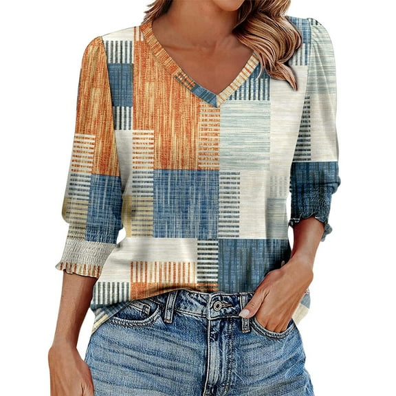 MIXUE Women Blouses Autumn Winter Plaid Color Block Print V Neck Long Sleeve Elegant Womens Tops Sportswear,Brown,XL