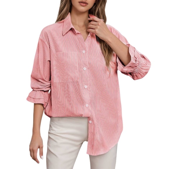 MIXUE Women Blouses Autumn Winter Striped Print Lapel Button Down Long Sleeve Pockets Casual Stylish Womens Tops Activewear,Red,S