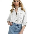 thumbnail image 1 of MIXUE Women Blouses Denim Solid Color Lapel Collar Long Sleeve Casual Womens Summer Tops Outwear,White,S, 1 of 5