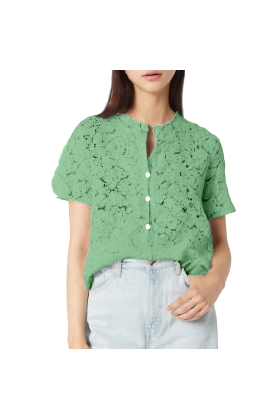 Women Blouses Lace Solid Color Marble Print V Neck Button Short Sleeve Fashion Elegant Womens Summer Tops Activewear,Green,XXL