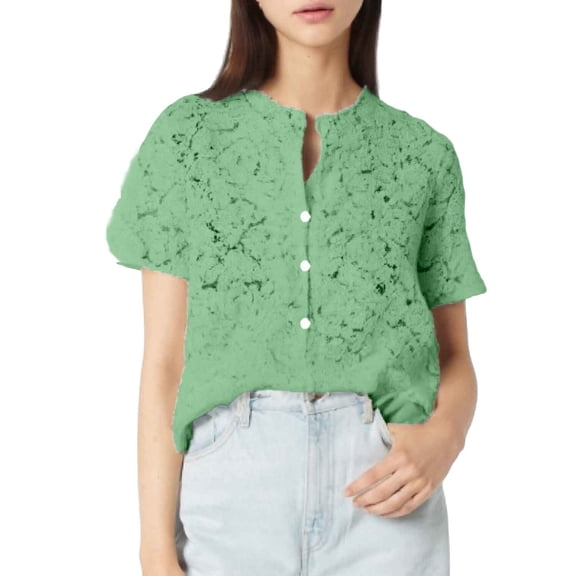MIXUE Women Blouses Lace Solid Color Marble Print V Neck Button Short Sleeve Fashion Elegant Womens Summer Tops Outwear,Green,XL